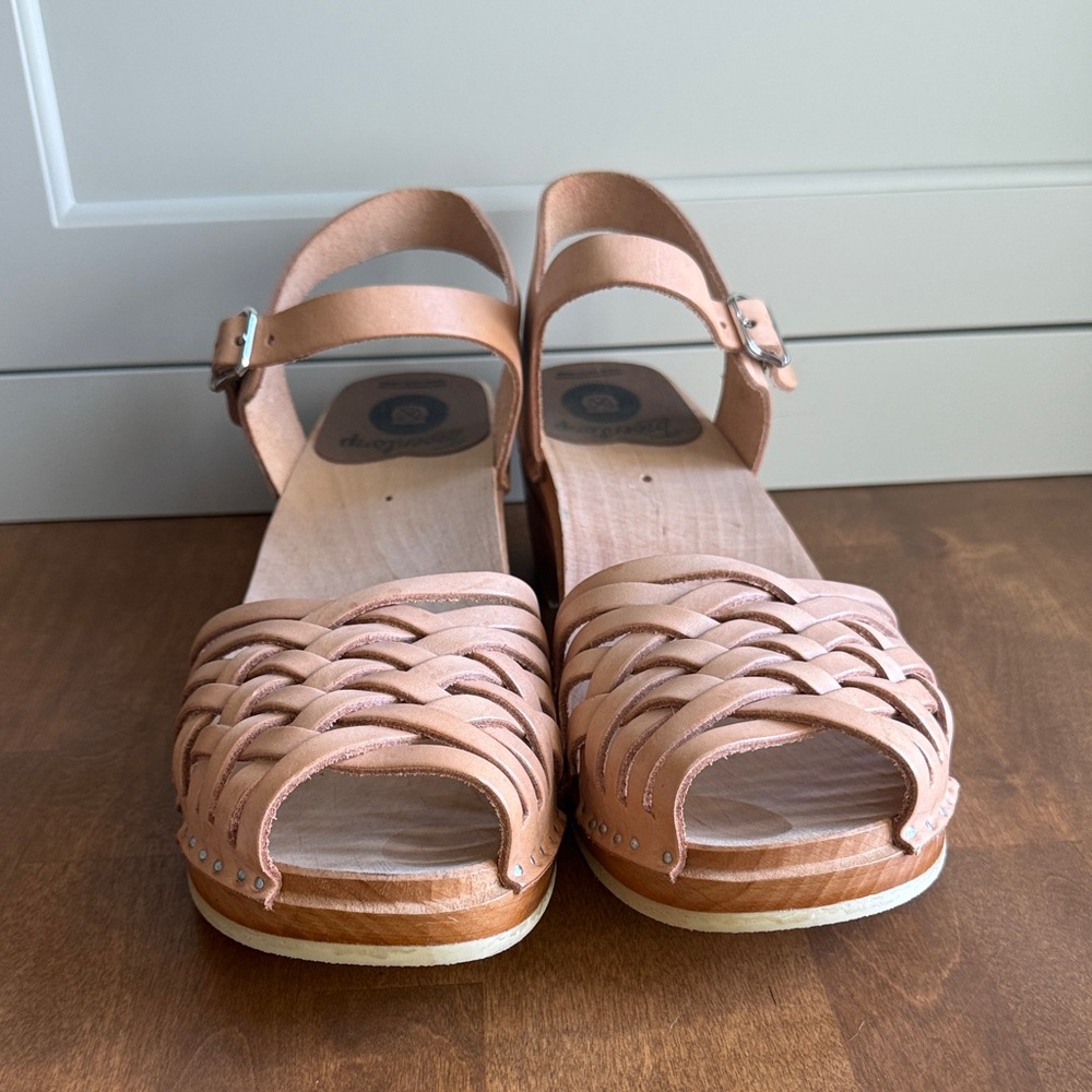 Troentorp Swedish clogs Anna tan leather wood Wedge Sandals - Picture 2 of 8